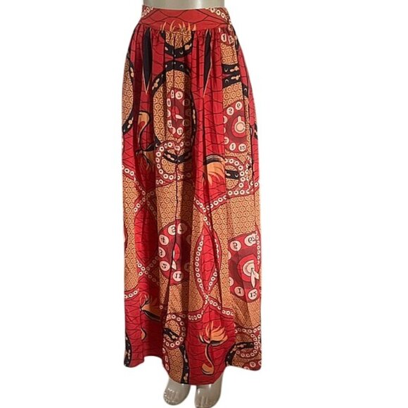 Colorful African Print Front Thigh Hight Slit Long Gathered Ankara Maxi Skirt L - Picture 2 of 7